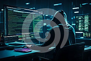 Hacker sitting on a chair working on a computer - Generative AI