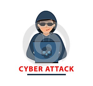 Hacker is sitting at computer, cracking website or personal data.