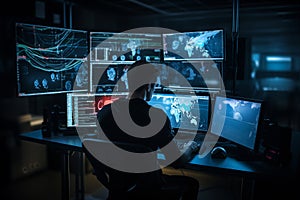 Hacker sitting in front of many computer screens. Generative AI