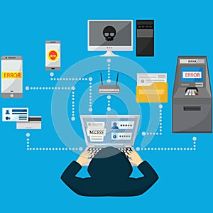 Hacker sitting at table and hacking data through Internet on laptop