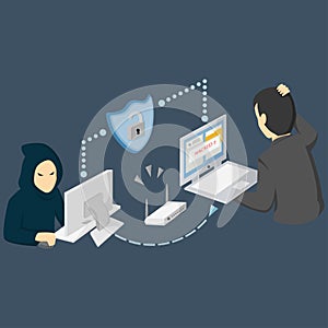 Hacker sitting at table and hacking data through Internet on laptop