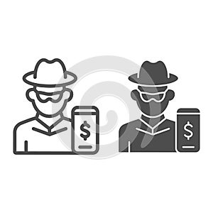 Hacker on smartphone line and glyph icon. Mobile phone with thief vector illustration isolated on white. Online robber