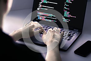 Hacker software in computer. Cybersecurity from malware, ransomware or spyware attack. Develop data on screen.