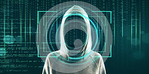 Hacker standing on abstract binary code background with face recognition interface. Hacking, ID and innovation concept. Double