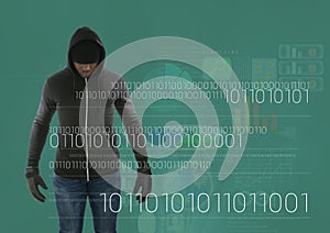 Hacker standing on in front of green background with digital numbers