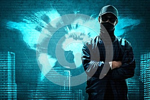 Hacker stand over binary code