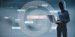 Hacker standing and using laptop computer with glowing hacking hologram with binary code and lines. Cybersecurity, firewall,