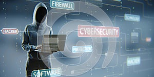 Hacker standing and using laptop with glowing hacking hologram with binary code and lines. Cybersecurity, firewall, technology and