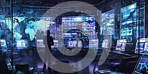 A lone hacker stands in a dark room surrounded by screens displaying code and data