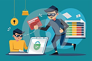 A hacker is stealing data from a computer while another person unknowingly works nearby, Data theft, simple illustration