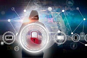Hacker stealing information. Computer hacking concept. Network security. Computer crimen.