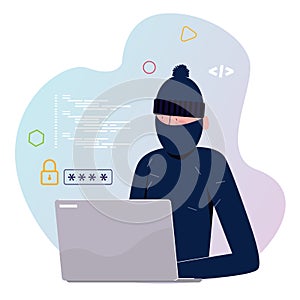 Hacker stealing password wearing mask to cover the face. On laptop thief criminal spy theft digital information coding