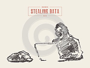 Hacker steals data computer cybercrime draw vector