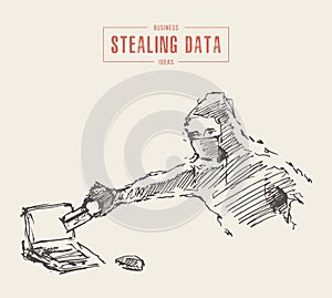 Hacker steals data computer cybercrime draw vector