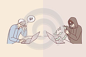 Hacker steals money from elderly man using laptop with internet, using psychological manipulation