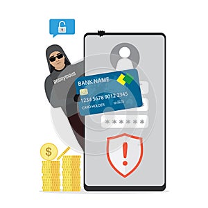 Hacker steals passwords, money and credit card information. Mobile phone with ineffective antivirus. Data protection concept