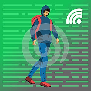 Hacker student walking vector illustration