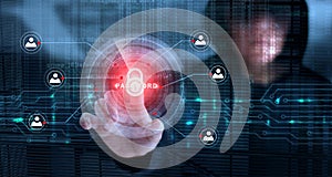 Hacker touching lock icon and password with binary code screen