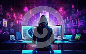 A hacker types a digital code on a laptop keyboard to infiltrate the cyberspace of a network. protection against hacker