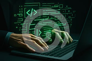 Hacker typing code on laptop with digital matrix background