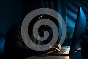 Hacker typing computer. Concept of cybercrime, cyberattack, dark web. AI generated