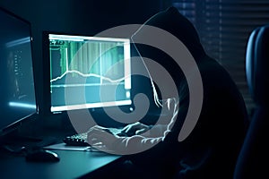 Hacker typing computer. Concept of cybercrime, cyberattack, dark web. AI generated
