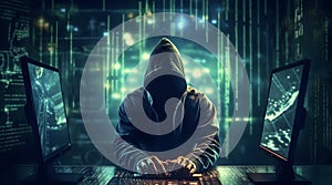 Hacker typing computer. Concept of cybercrime, cyberattack, dark web. AI generated
