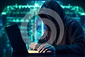 Hacker typing computer. Concept of cybercrime, cyberattack, dark web. AI generated