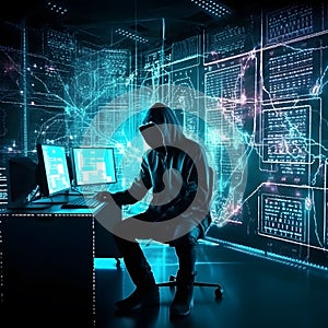 Hacker typing computer. Concept of cybercrime, cyberattack, dark web. AI generated