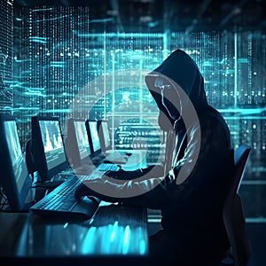 Hacker typing computer. Concept of cybercrime, cyberattack, dark web. AI generated