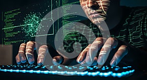 Hacker typing on keyboard, illuminated by code and network graphics on screen