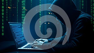 Hacker Typing on Laptop with Binary Code Background Created With Generative AI