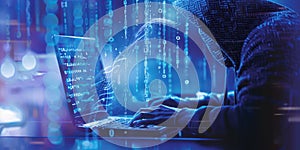 Hacker Typing on Laptop with Binary Code Background