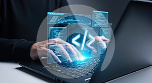 Hacker typing on laptop keyboard with glowing code and programming symbols