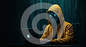Hacker Typing on Laptop with Mask and Binary Code Background
