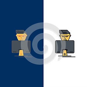 Hacker, User, Gamer, Programmer  Icons. Flat and Line Filled Icon Set Vector Blue Background