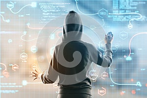 Hacker using abstract interface with glowing SEO hologram and icons on blurry background. Search engine optimization, hacking and