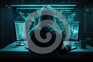 Hacker using abstract laptop with binary code digital interface, cyber war Hacking, and malware concept