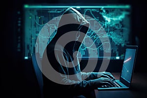 Hacker using abstract laptop with binary code digital interface, cyber war Hacking, and malware concept