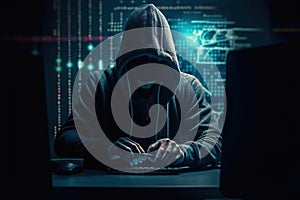 Hacker using abstract laptop with binary code digital interface, cyber war Hacking, and malware concept