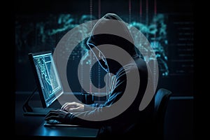 Hacker using abstract laptop with binary code digital interface, cyber war Hacking, and malware concept