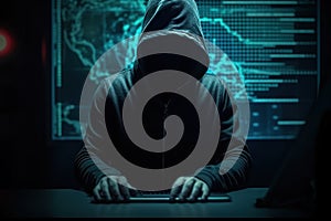 Hacker using abstract laptop with binary code digital interface, cyber war Hacking, and malware concept