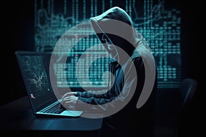 Hacker using abstract laptop with binary code digital interface, cyber war Hacking, and malware concept