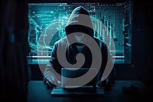 Hacker using abstract laptop with binary code digital interface, cyber war Hacking, and malware concept