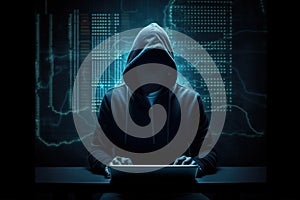 Hacker using abstract laptop with binary code digital interface, cyber war Hacking, and malware concept