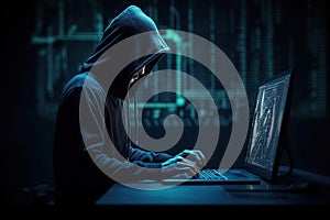 Hacker using abstract laptop with binary code digital interface, cyber war Hacking, and malware concept