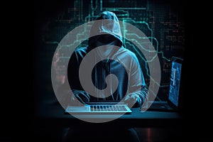 Hacker using abstract laptop with binary code digital interface, cyber war Hacking, and malware concept