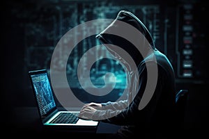 Hacker using abstract laptop with binary code digital interface, cyber war Hacking, and malware concept