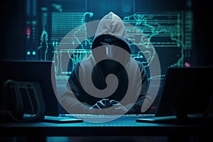 Hacker using abstract laptop with binary code digital interface, cyber war Hacking, and malware concept