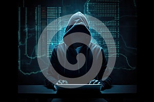 Hacker using abstract laptop with binary code digital interface, cyber war Hacking, and malware concept